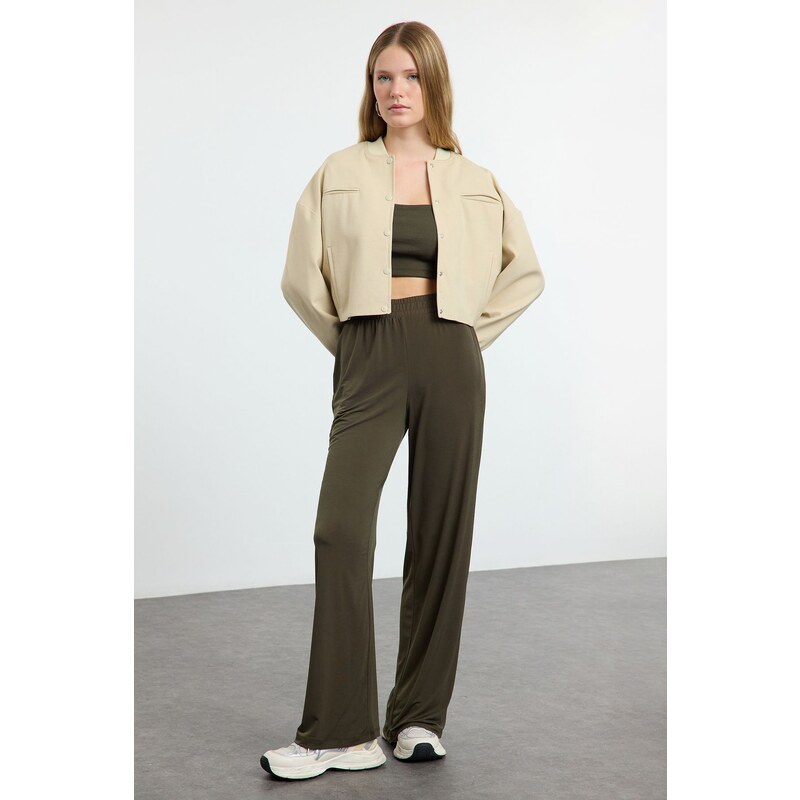 Trendyol Khaki Wide Leg/Relaxed Cut High Waist Flexible Trousers 59063065