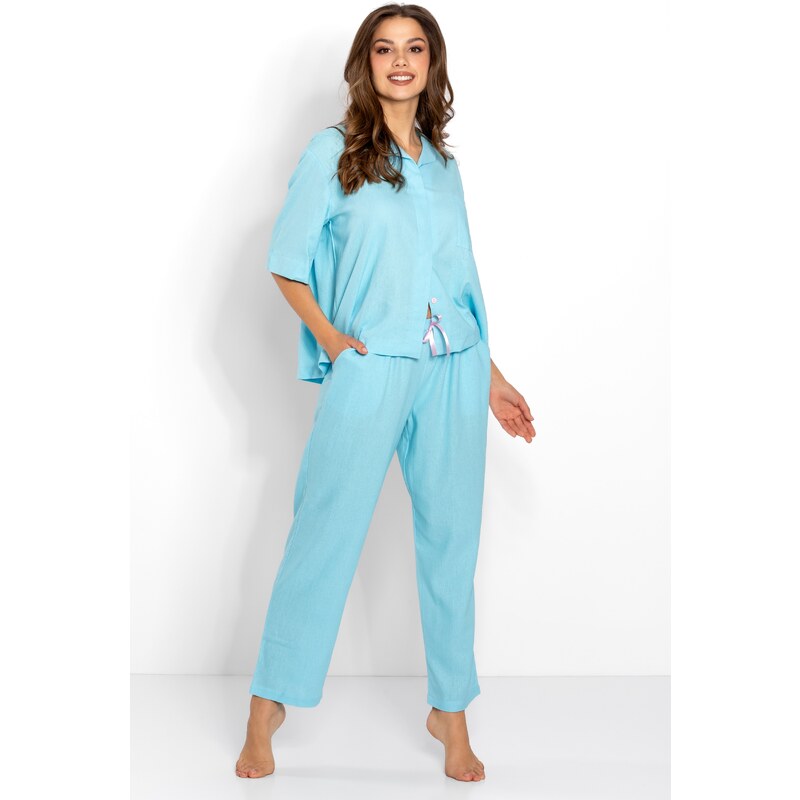 Momenti Per Me Luxusné ľanové pyžamo na gombíky Bounty modré, Farba 39463555