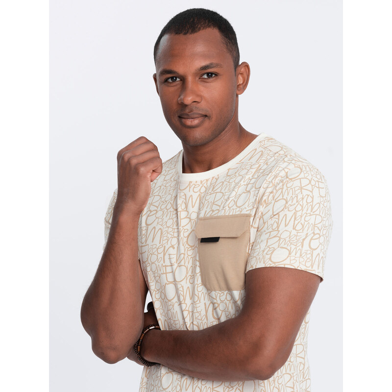 Ombre Mens cotton t-shirt with letter print and pocket - cream and 54079959