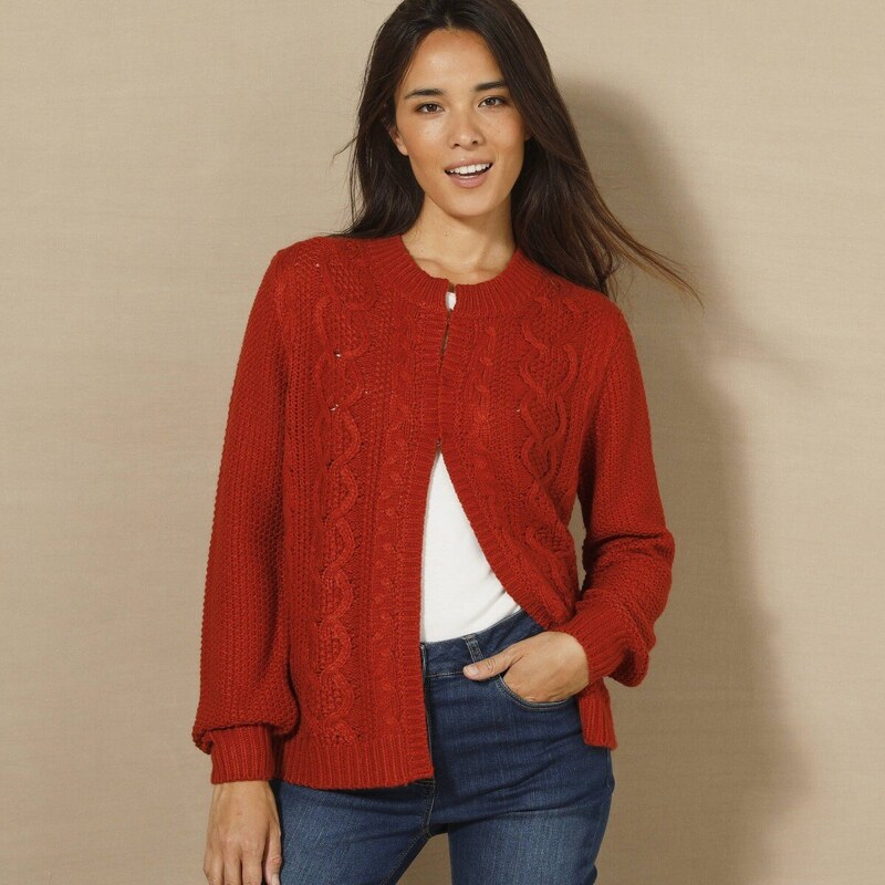 Sveter so zapínaním na háčiky a vrkočovým vzorom papriková 040 59075473