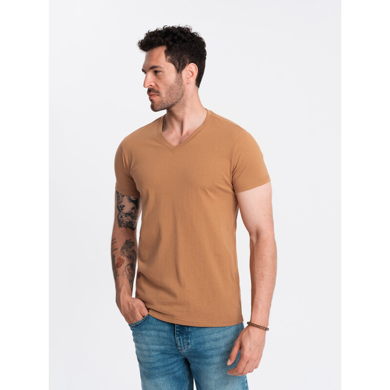 Ombre Mens BASIC classic cotton T-shirt with a v-neck - brown 57757286