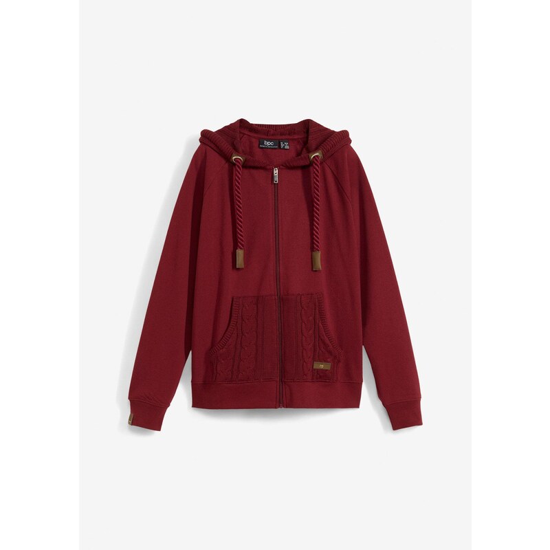 bonprix Mikinová bunda s pletenou kapucňou a vreckom, farba červená 59551011