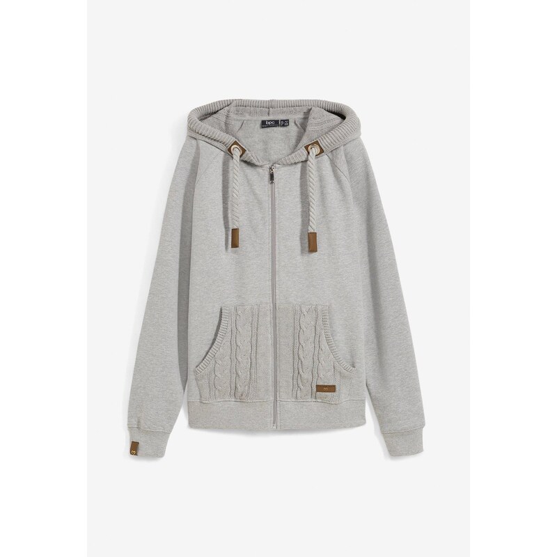 bonprix Mikinová bunda s pletenou kapucňou a vreckom, farba šedá 59080834