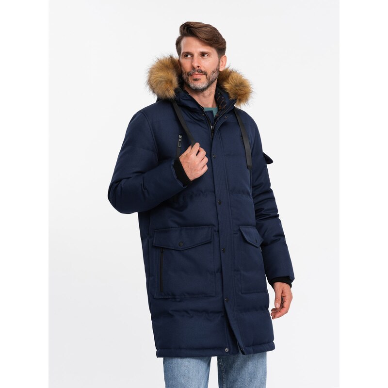 Ombre Mens long warm parka hooded jacket - navy blue 64782463