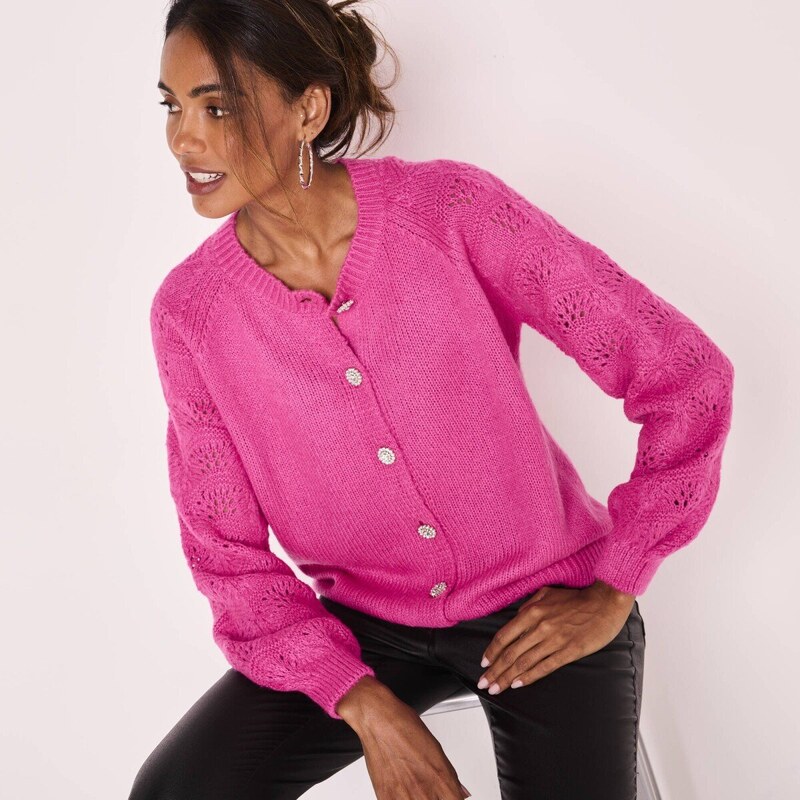Sveter s bižutériovými gombíkmi fuksia 036 Blancheporte 59534366