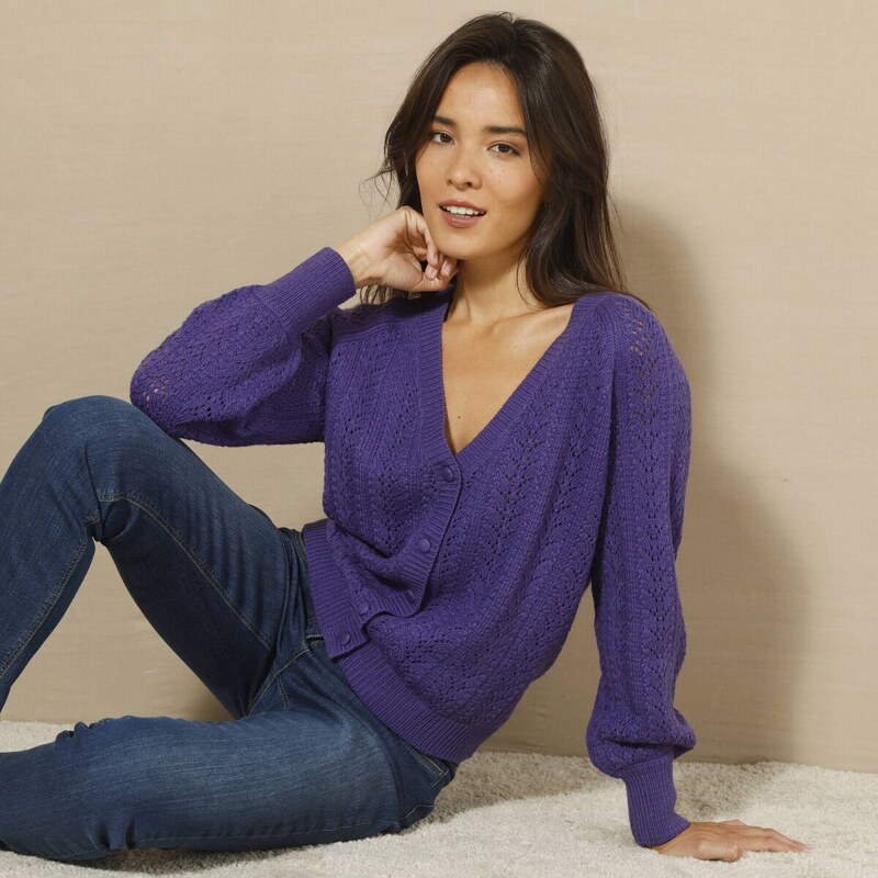 Ažúrový sveter s výstrihom do V fialová 040 Blancheporte 59534383