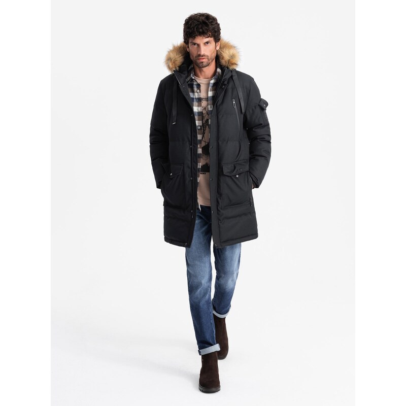 Ombre Mens long warm parka jacket with hood - black 64782459