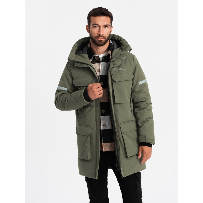 Ombre Mens insulated long jacket with reflective elements - olive 64782490