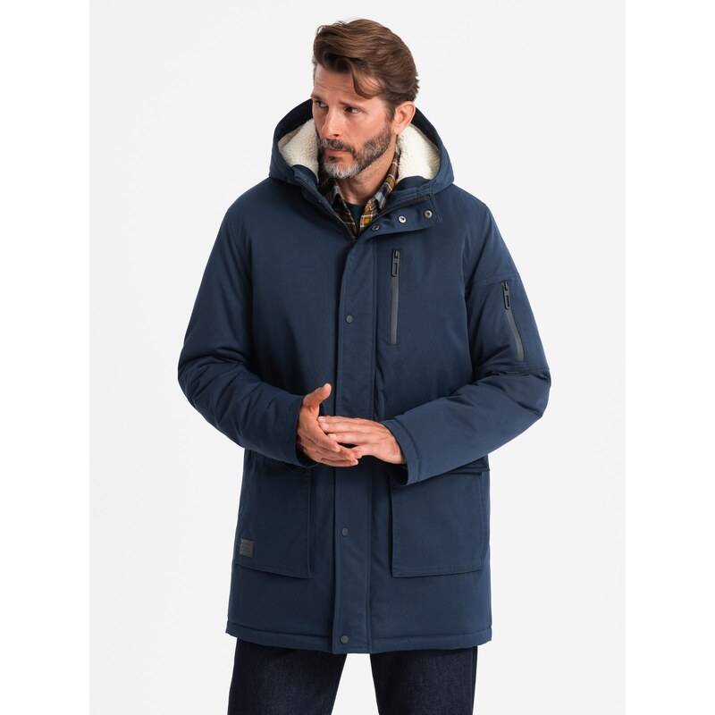 Ombre Mens long parka sherpa jacket – navy blue 64782571