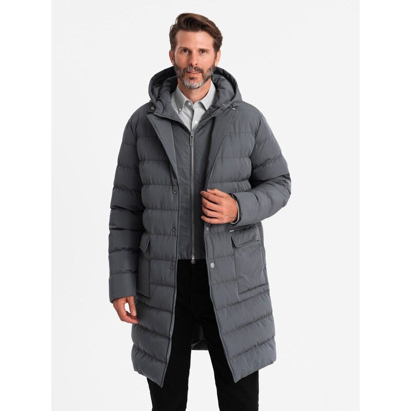 Ombre Mens long quilted jacket with lapels and lining - graphite 64782727