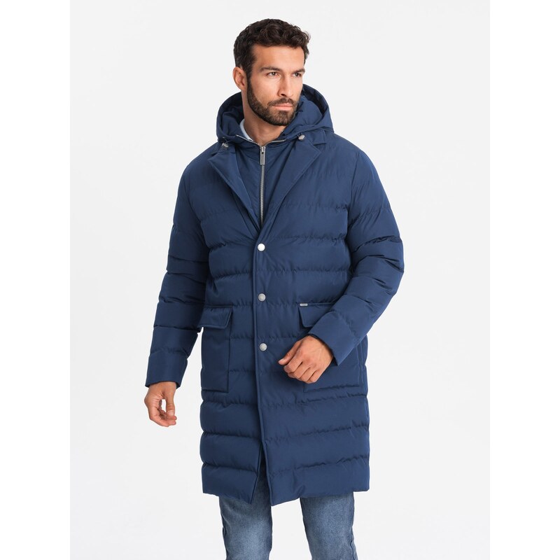 Ombre Mens long quilted jacket with lapels and lining - dark blue 64782726