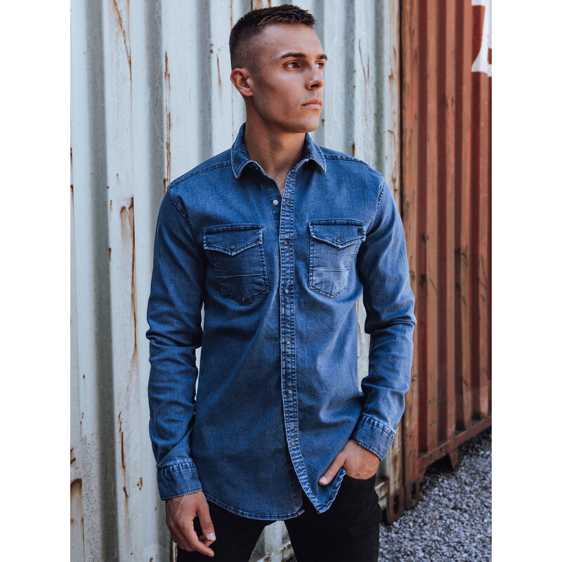 BASIC Pánska modrá džínsová košeľa DX2589 59689666