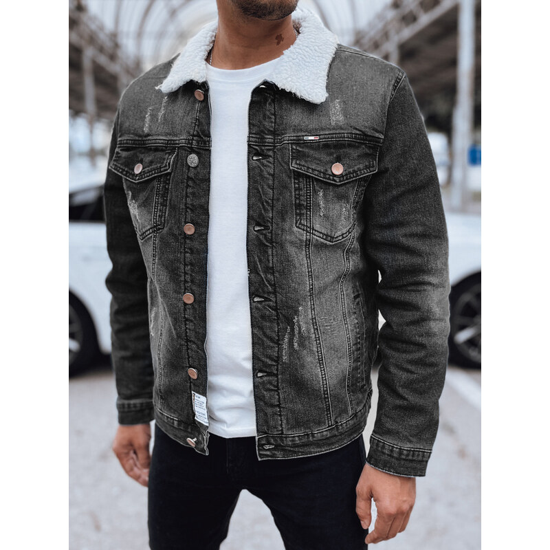 Čierna pánska džínsová zateplená bunda trucker s koženým golierom 66630993