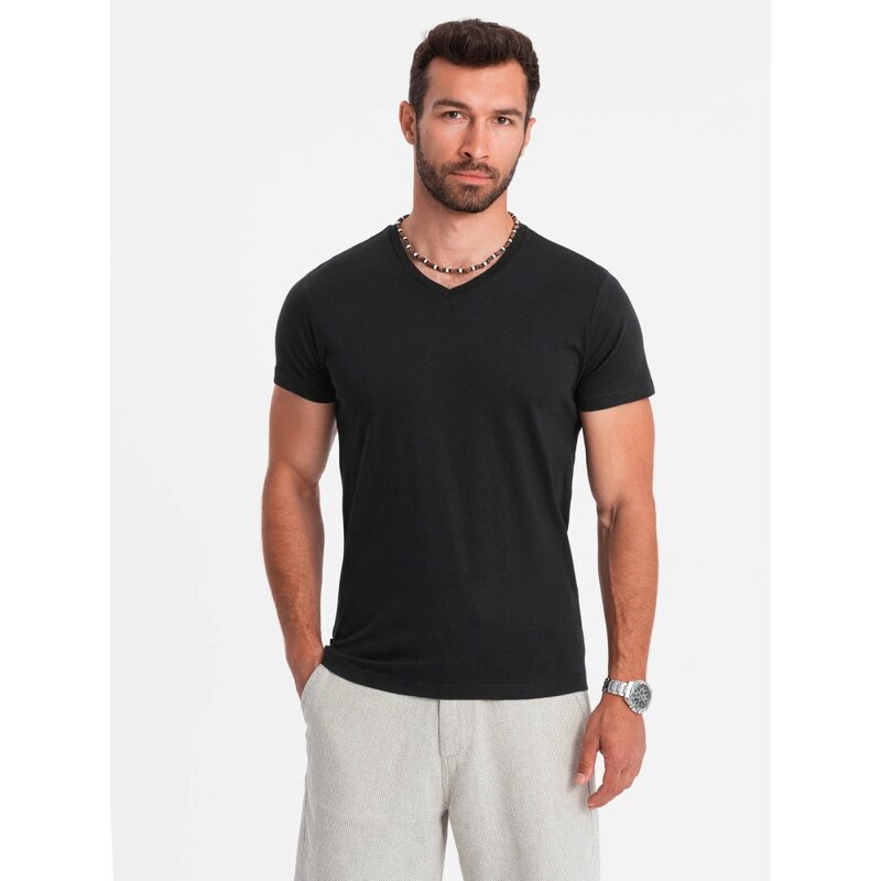 Ombre Clothing Bavlnené pánske čierne tričko s V-výstrihom V1-TSBS 49033048