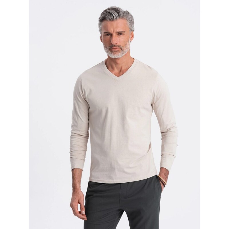 Ombre Clothing Béžové tričko s dlhým rukávom a V-výstrihom V1 LSBL 51038029