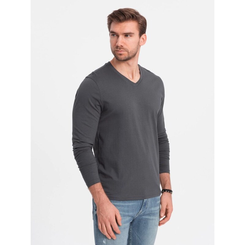 Ombre Clothing Grafitové tričko s dlhým rukávom a V-výstrihom V4 LSBL 51038032