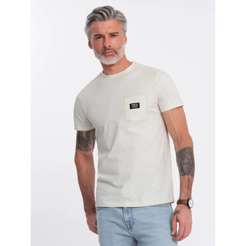 Ombre Clothing Trendy tričko s ozdobným vreckom krémové V8 TSCT-0109 51220679