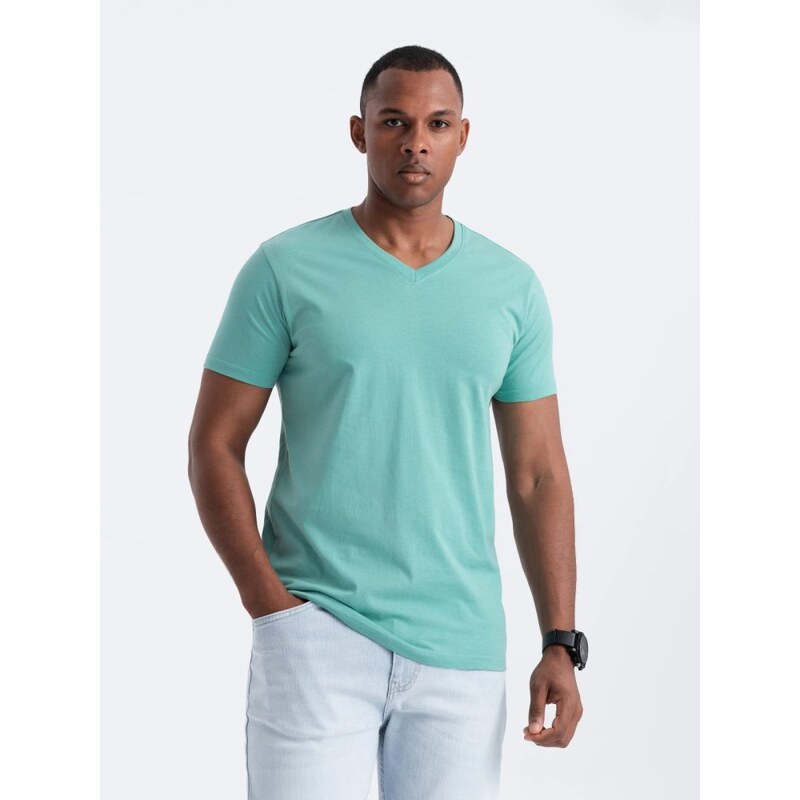 Ombre Clothing Bavlnené tyrkysové tričko s V-výstrihom V15-TSBS-0145 54096190