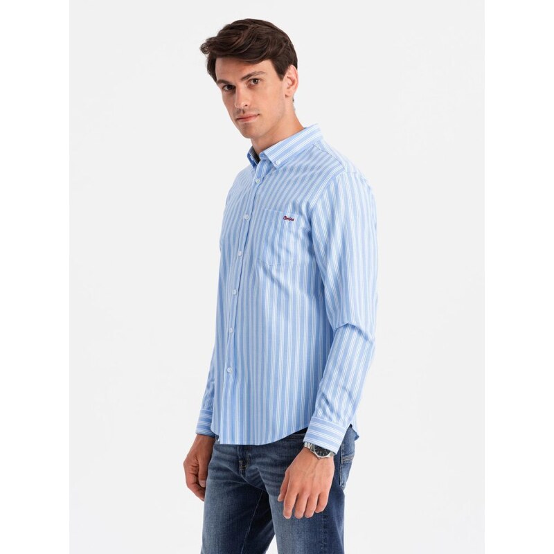Ombre Clothing Modrá košeľa s drobnými pruhmi V2 SHOS-0171 57251052