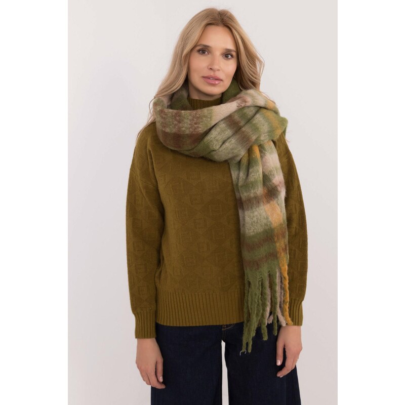 MladaModa Hrejivý károvaný šál so strapcami model 30121 farba khaki 59762342