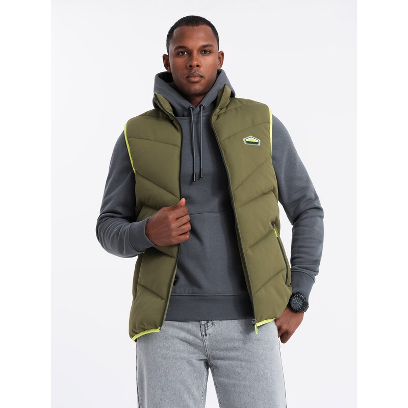 Ombre Mens quilted sleeveless jacket with neon accents - olive 64783076