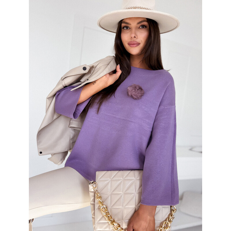 BASIC Svetlofialový dámsky oversize sveter s ozdobným brmbolcom GAIA 59802753