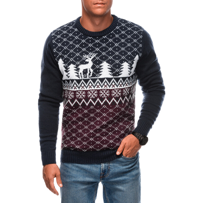 Edoti Mens Christmas winter jumper with reindeer - navy blue and white 59816129