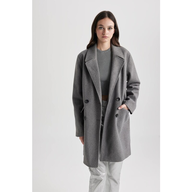 DEFACTO Windproof Long Cashmere Coat Oversize Wide Cut Double Breasted Collar Button