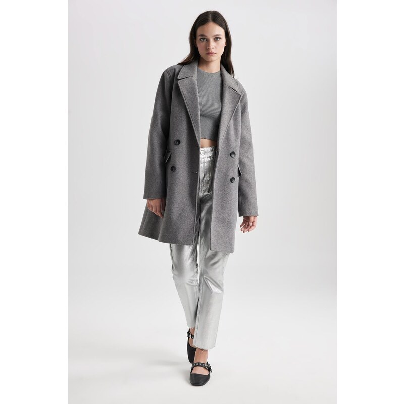 DEFACTO Windproof Long Cashmere Coat Oversize Wide Cut Double Breasted Collar Button