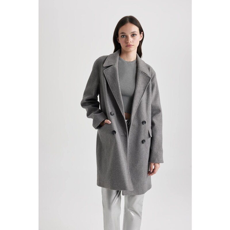 DEFACTO Windproof Long Cashmere Coat Oversize Wide Cut Double Breasted Collar Button