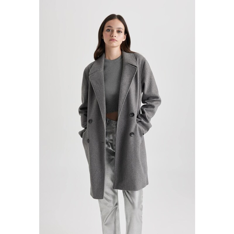 DEFACTO Windproof Long Cashmere Coat Oversize Wide Cut Double Breasted Collar Button
