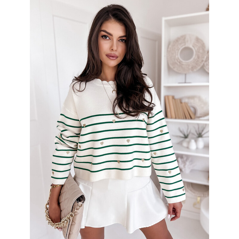 BASIC Smotanovo-zelený pruhovaný sveter so srdiečkami VELORIA MY2027 60176176