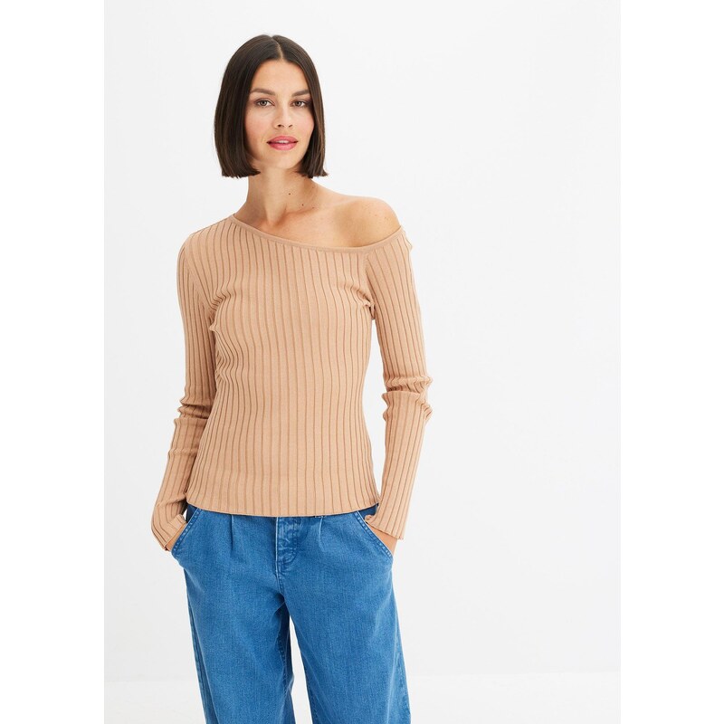 bonprix Vrúbkované tričko s odhaleným ramenom, farba béžová 60211420