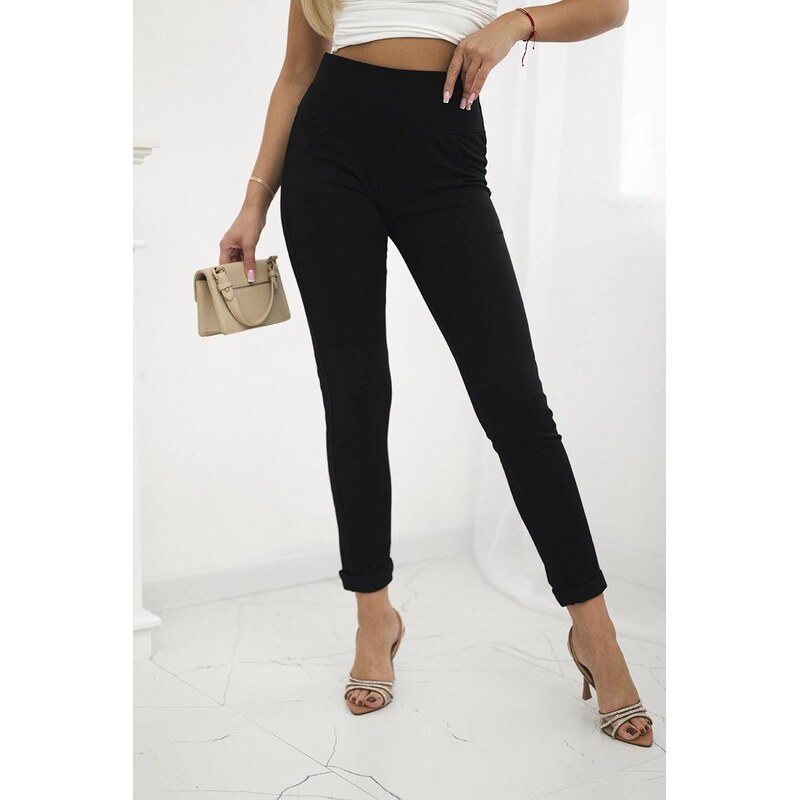 MladaModa Bavlnené nohavice s ozdobným pásom model 2399 čierne 63034472