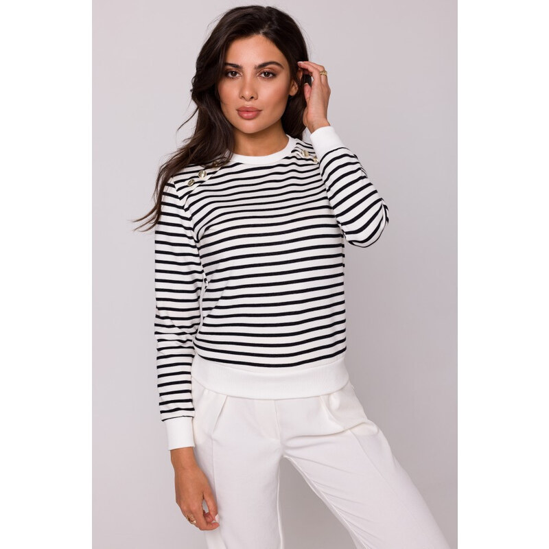 Dámsky sveter s ozdobnými gombíkmi B251 model 1 Ecru s čiernou - 60368380