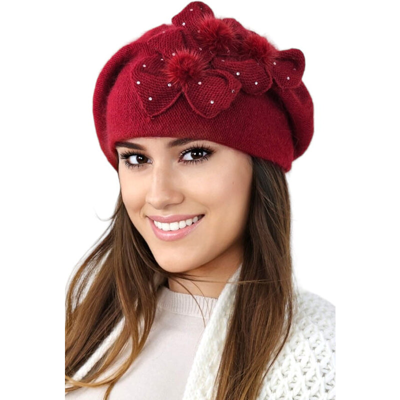 Kamea Bordová luxusná elegantná dámska zimná baretka s kvetmi Cindy , 60392789