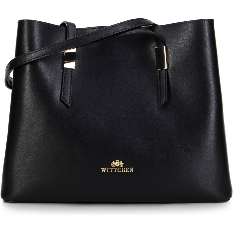 Wittchen Damska shopperka skórzana z okuciem czarna ze złotym logo 99 66066117