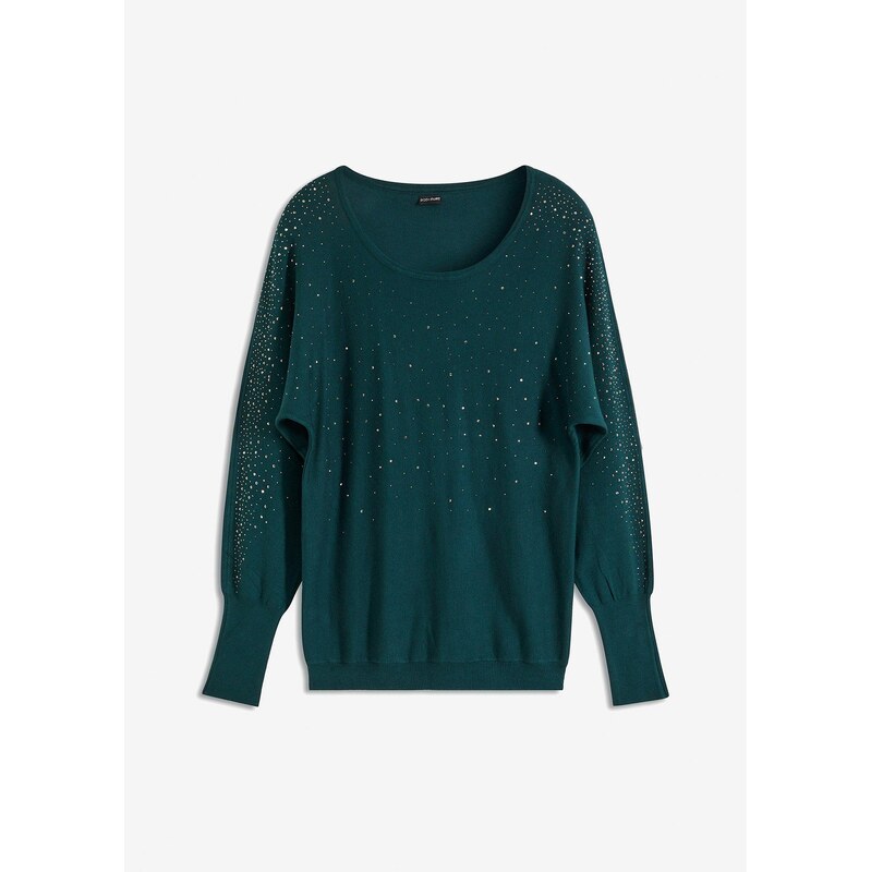 bonprix Jemne pletený pulóver so štrasovou aplikáciou, farba zelená 60418088