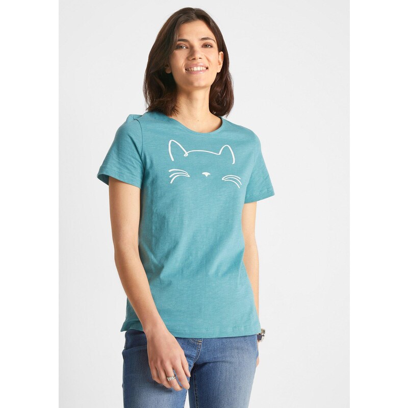 bonprix Tričko s potlačou mačky, farba modrá 44736042
