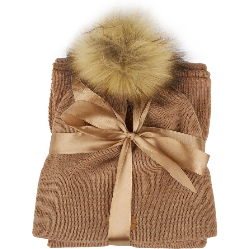 Vlnka Dámska vlnená súprava nákrčník a čiapka s brmbolcom hnedá 63520606