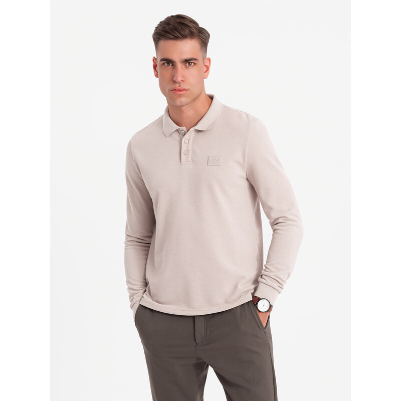 Ombre Mens structured polo longsleeve with patch - ash 64784840