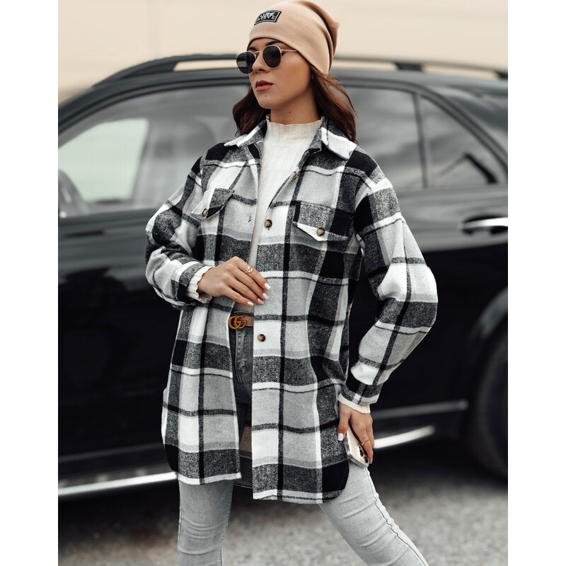 BASIC Dámska bielo-čierna károvaná oversize košeľová bunda PLAIDIFY 60443551