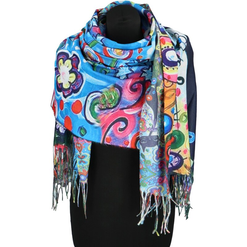 CASHMERE Módny dámsky šál Winifre, kvety modrá 66817095