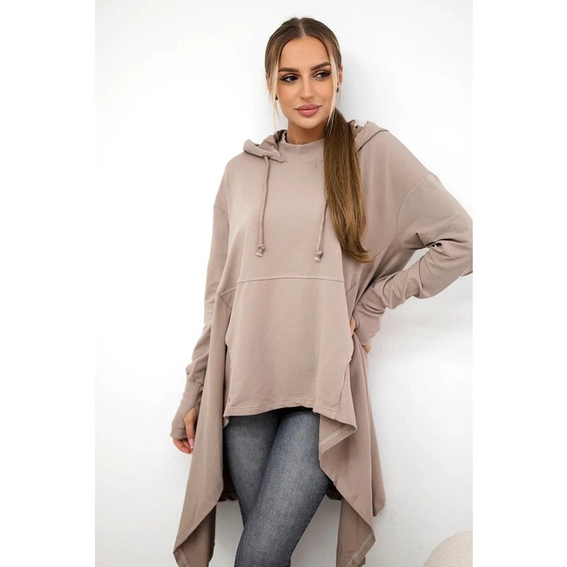 MladaModa Mikina v tunikovom štýle s kapucňou model 9385 tmavá béžová 35228840