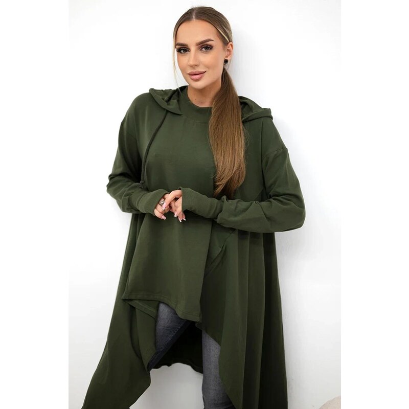 MladaModa Mikina v tunikovom štýle s kapucňou model 9385 farba khaki 35230843
