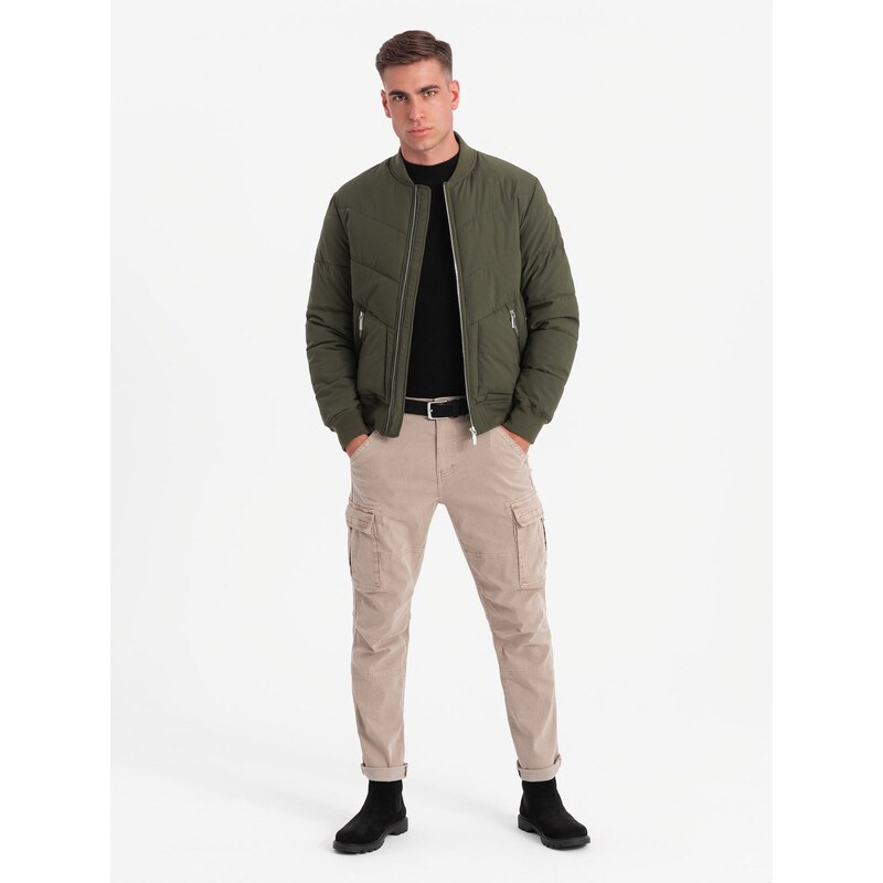 Ombre Mens quilted bomber jacket with metal zippers - dark olive green 50597967