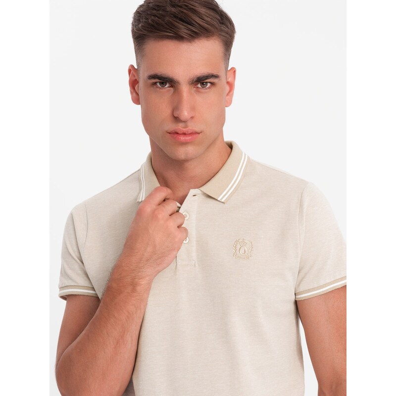 Ombre Mens melange polo shirt with striped collar - sand 65480862