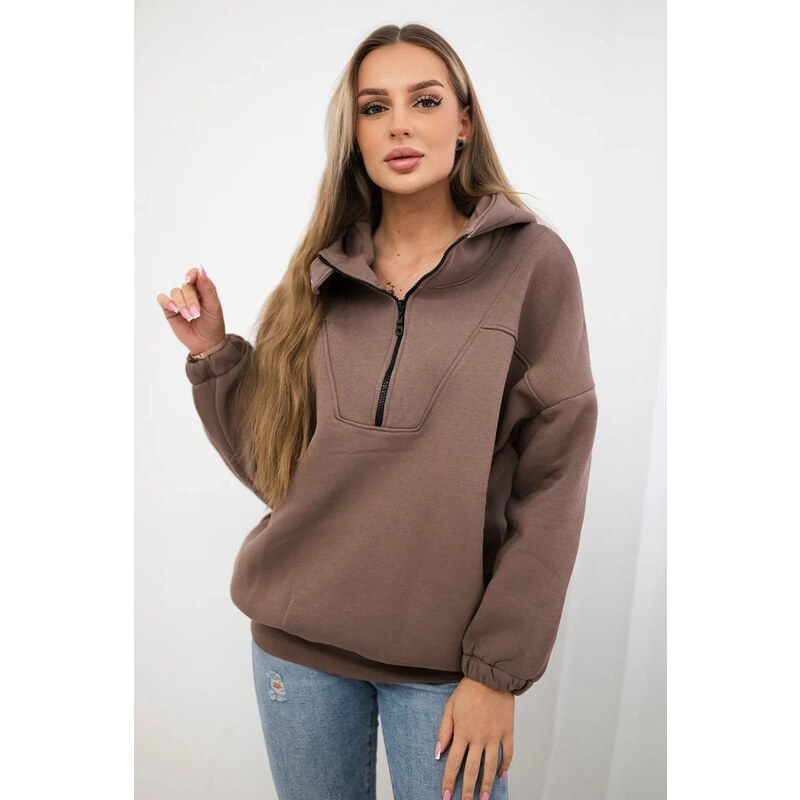 MladaModa Mikina s kapucňou a zipsom v dekolte model 69424 farba mocca 36430760