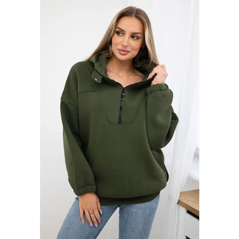 MladaModa Mikina s kapucňou a zipsom v dekolte model 69424 farba khaki 36430761