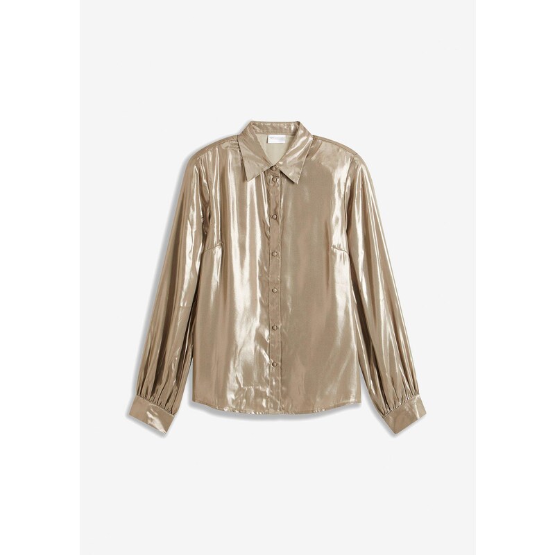 bonprix Košeľová blúzka z lesklého saténu, farba béžová 60614446